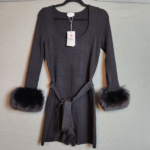 LOVERS + FRIENDS Anais Romper‎ Black Medium Rib Knit Optional Fur Cuffs - Picture 1 of 15